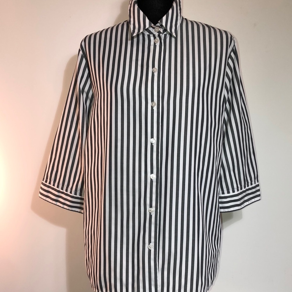 Striped ButtonUp Shirt Allison DaleySZ14 Women's Striped Sleeves flowers collar